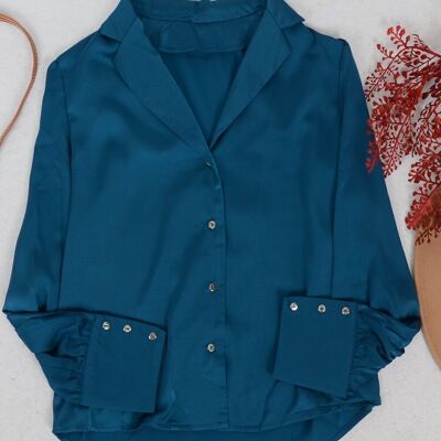 Notched Collar Button Down Silk Top-Teal
