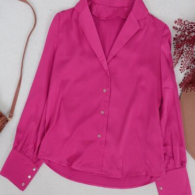 Notched Collar Button Down Silk Top-Fuchsia