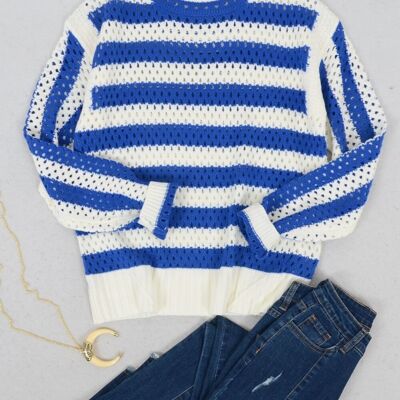 Suéter de red de crochet a rayas de dos tonos-Azul