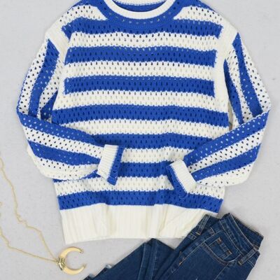 Suéter de red de crochet a rayas de dos tonos-Azul