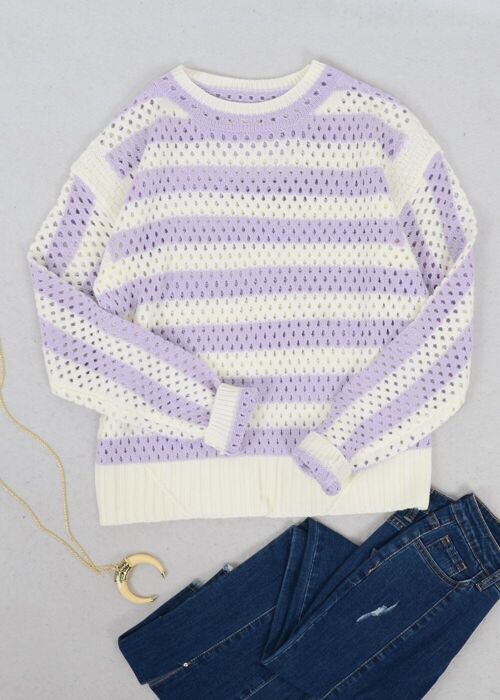 Two Tone Striped Crochet Net Sweater-Purple