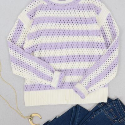Suéter de red de crochet a rayas de dos tonos-púrpura