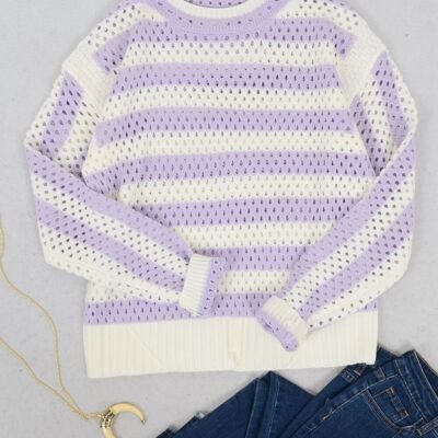 Two Tone Striped Crochet Net Sweater-Purple