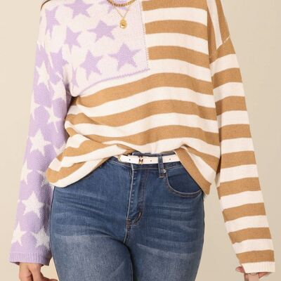 American Flag Print Crew Neck Sweater-Beige