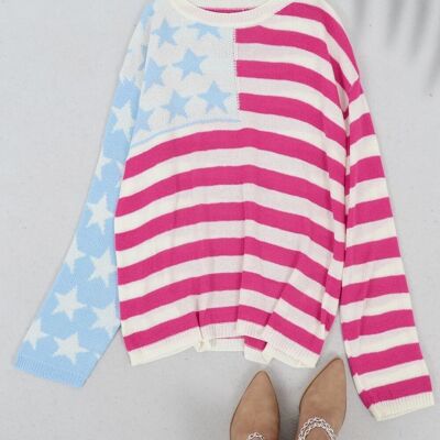 Suéter con cuello redondo y estampado de bandera estadounidense-Oro rosa