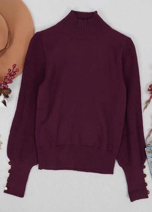 Solid Color High Neck Sweater-Burgundy