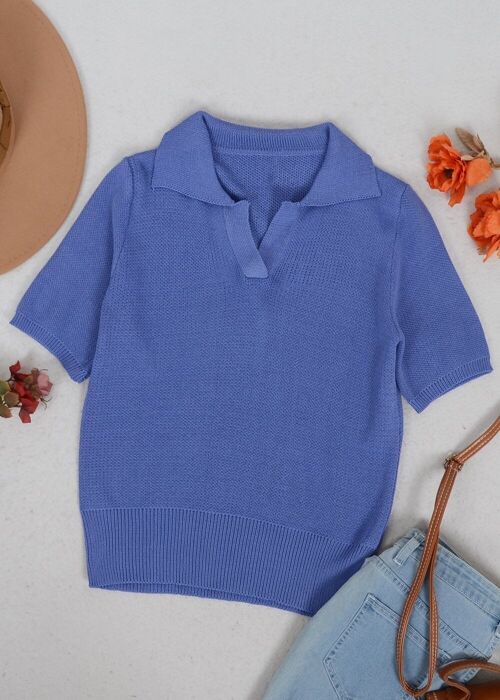 V Neck Knit Collared Shirt-Blue