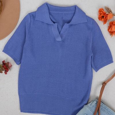 V Neck Knit Collared Shirt-Blue