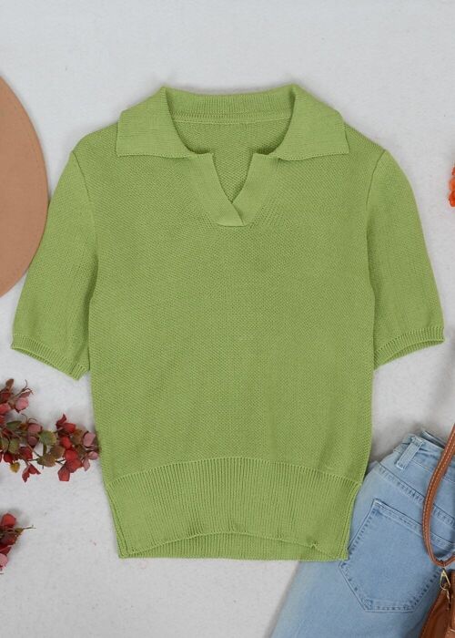 V Neck Knit Collared Shirt-Green