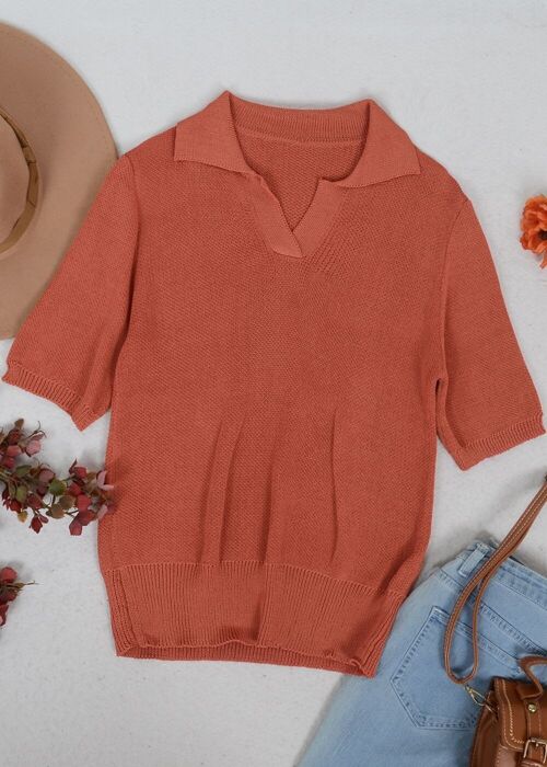 V Neck Knit Collared Shirt-Rustic Red