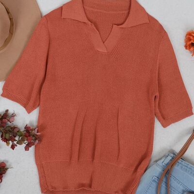 Chemise à col en tricot à col en V - Rouge rustique