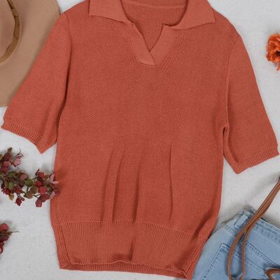 V Neck Knit Collared Shirt-Rustic Red