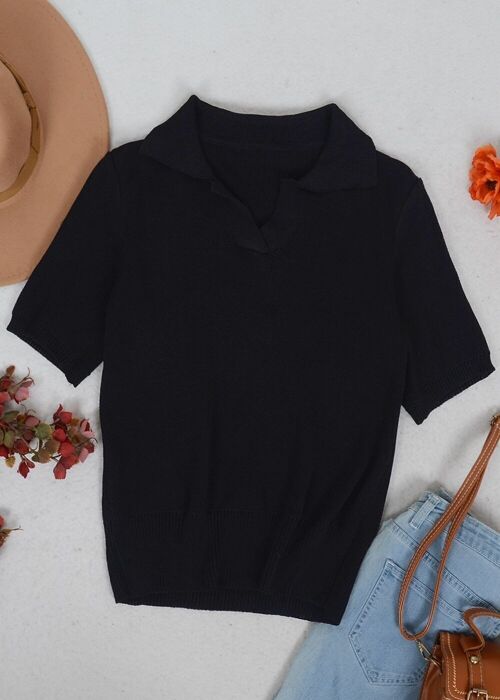 V Neck Knit Collared Shirt-Black