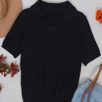 V Neck Knit Collared Shirt-Black