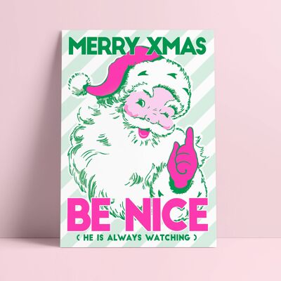 Risograph funny Christmas card Be Nice he is always watching