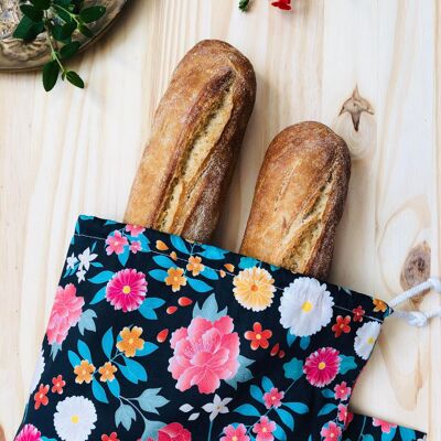 Borsa per il pane baguette - Cotone biologico - Fiori di peonia e sakura