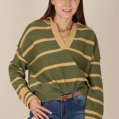 Classic Striped Collared Sweater-Green