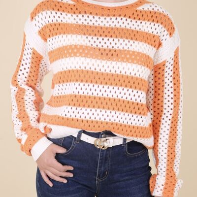 Two Tone Striped Crochet Net Sweater-Orange