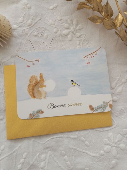Carte postale Bonne année dorure - écureuil et mésange