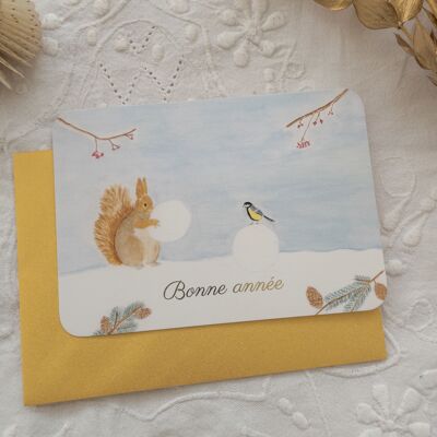 Happy New Year gilding postcard - squirrel and titmouse