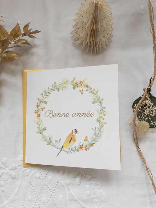 Carte Bonne année dorure - couronne chardonneret