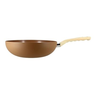 Wok nocciola 28 cm in alluminio con manico effetto legno a induzione