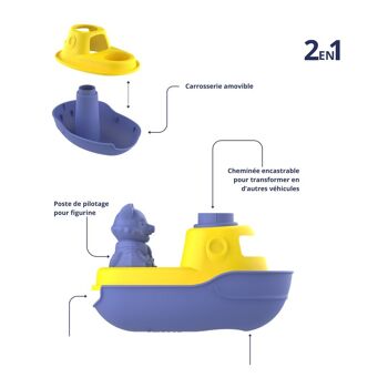 Jouet de bain et plage, Bateau transformable 2-en-1, Made in France en plastique recyclé, Cadeau 1-5 ans, Pâques, Bleu 3