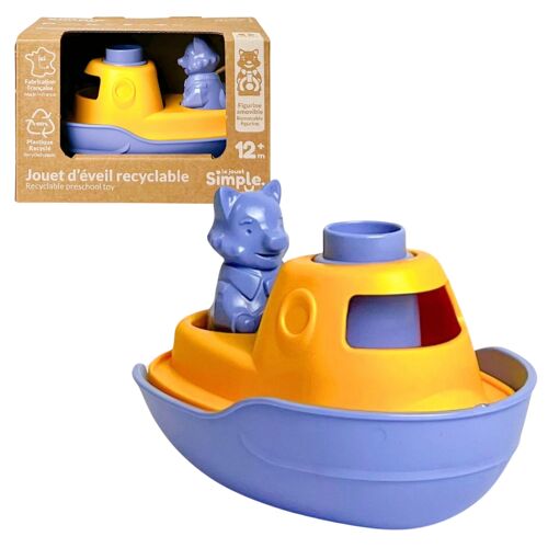 Le Jouet Simple, Bateau 2-en-1 et Figurine, Jouet Éducatif pour Le Bain, Fabriqué en France, 100% Plastique Recyclé et Recyclable, Lavable au Lave-vaisselle, Cadeau Enfants Filles et Garçons Dès 1 An, Bleu