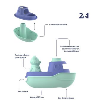 Jouet de bain et plage, Bateau transformable 2-en-1, Made in France en plastique recyclé, Cadeau 1-5 ans, Pâques, Turquoise 4
