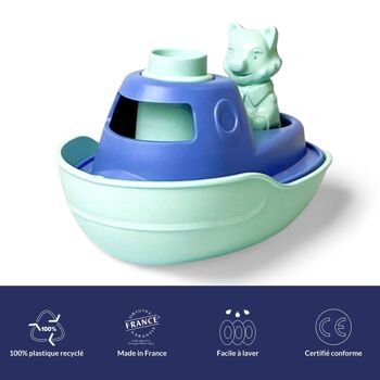 Le Jouet Simple, Bateau 2-en-1 et Figurine, Jouet Éducatif pour Le Bain, Fabriqué en France, 100% Plastique Recyclé et Recyclable, Lavable au Lave-vaisselle, Cadeau Enfants Filles et Garçons Dès 1 An, Turquoise 2