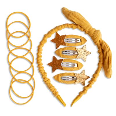 Set d'accessoires pour cheveux en mousseline jaune moutarde (Moutarde) - set 1