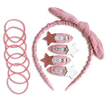 Set di accessori per capelli in mussola rosa antico (rosa vintage) - set 8