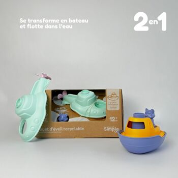Jouet de bain et plage, Sous-Marin 2-en-1 transformable en bateau, Made in France en plastique recyclé, Cadeau 1-5 ans, Pâques, Turquoise 2