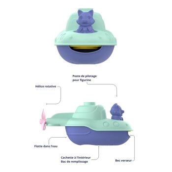 Jouet de bain et plage, Sous-Marin 2-en-1 transformable en bateau, Made in France en plastique recyclé, Cadeau 1-5 ans, Pâques, Turquoise 6