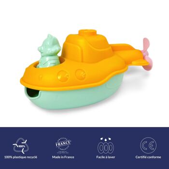 Le Jouet Simple, Sous-Marin 2-en-1 et Figurine, Jouet Éducatif pour Le Bain, Fabriqué en France, 100% Plastique Recyclé et Recyclable, Lavable Lave-vaisselle, Cadeau Enfants Filles et Garçons Dès 1 An, Jaune 2