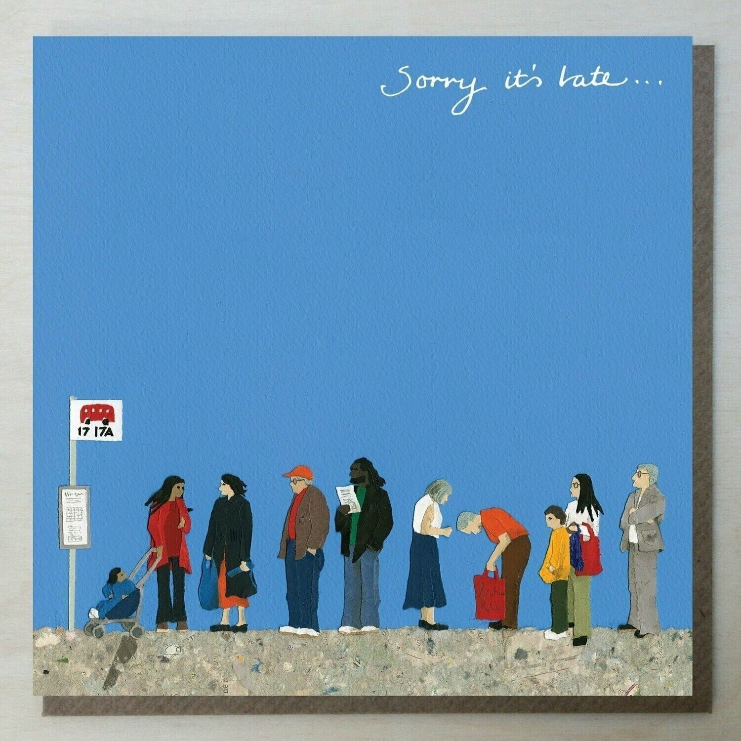 WND92 'sorry it's late' card (bus stop queue)