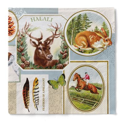 Disposable napkin Fritz made of tissue 33 x 33 cm, 20 pieces - hunting forest animals