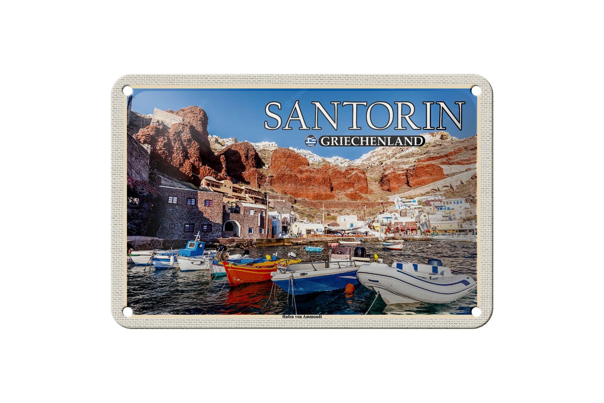 Targa in metallo da viaggio 18x12 cm Santorini Grecia porto di Ammoudi