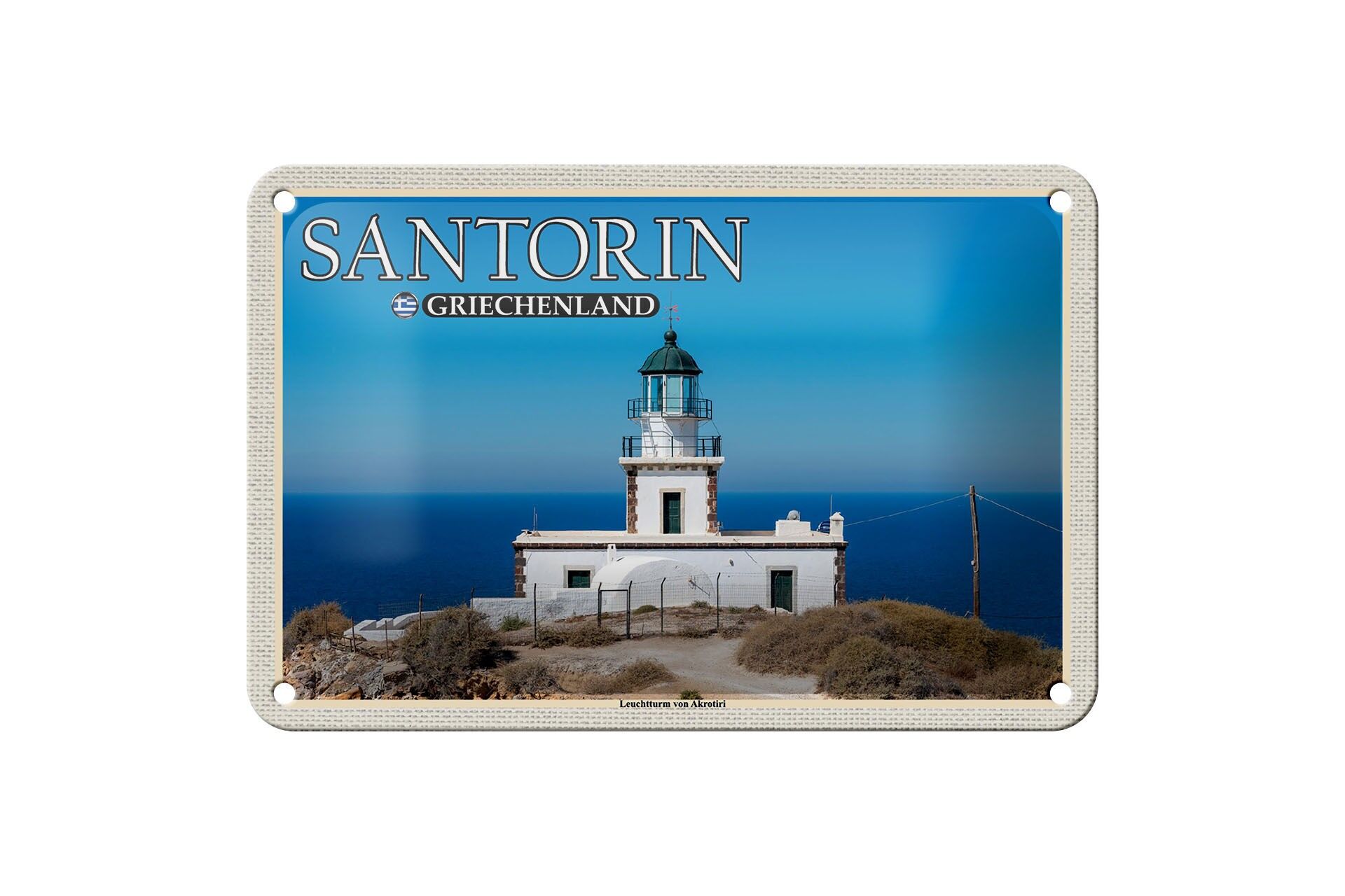Targa in metallo da viaggio 18x12 cm Santorini Grecia Faro Akrotiri