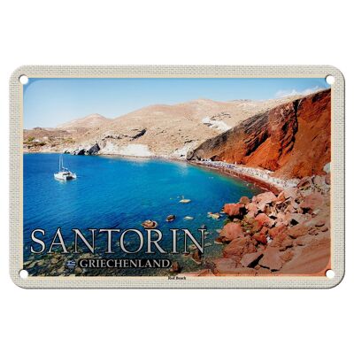 Cartel de chapa de viaje, 18x12cm, Santorini, Grecia, playa roja