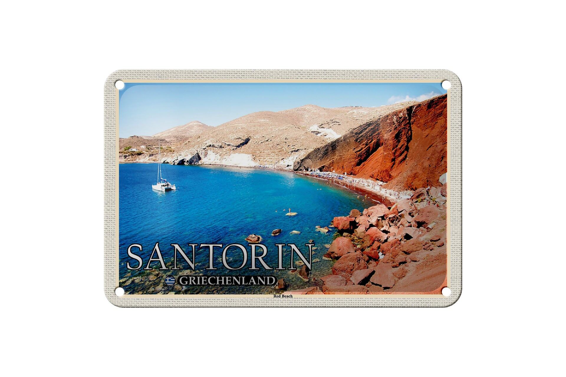 Targa in metallo da viaggio 18x12 cm Santorini Grecia Red Beach Beach