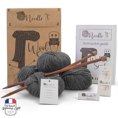 Needle It – Kit Tricot pour débutant Adulte Complet avec Aiguilles à Tricot – Écharpe en Laine à Tricoter soi-même - Idée Cadeau (Gris)