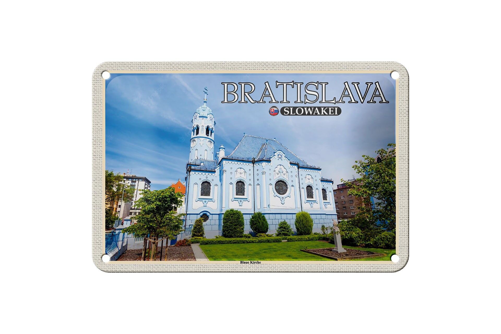 Targa in metallo da viaggio 18x12 cm Bratislava Slovacchia Cartello blu con chiesa