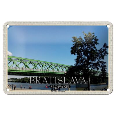 Cartel de chapa de viaje, 18x12cm, Bratislava, Eslovaquia, Stary Most Old Bridge