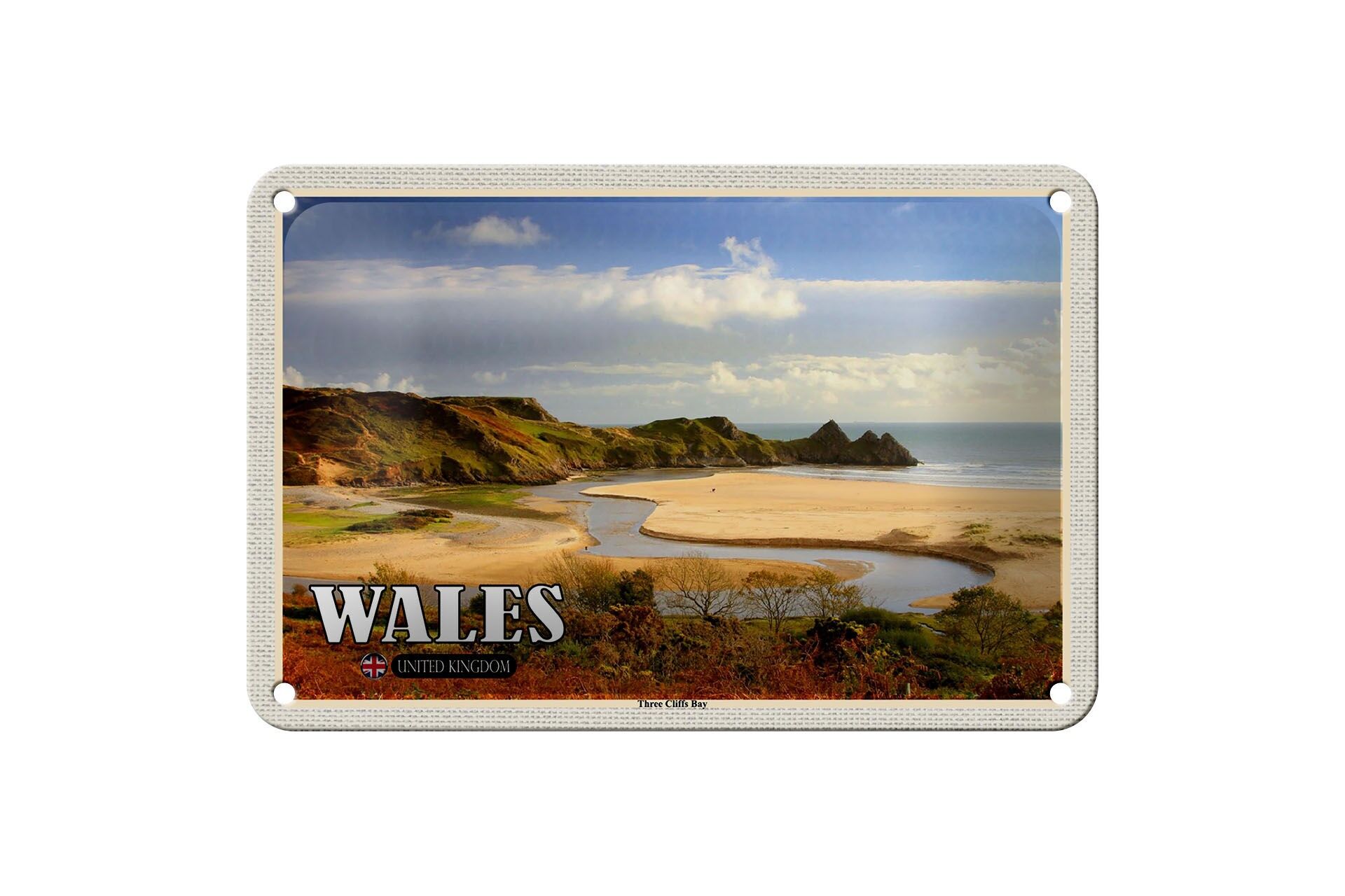 Tin Sign Travel 18x12cm WalesThree Cliffs Bay Bay Decorative Sign