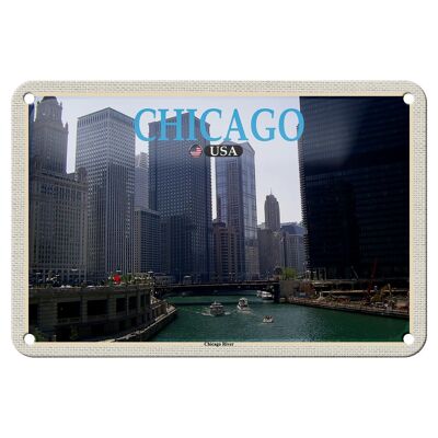 Blechschild Reise 18x12cm Chicago USA Chicago River Fluss Hochhäuser