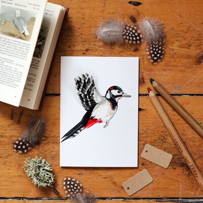 Tarjeta de felicitación de acuarela con diseño de pájaro carpintero