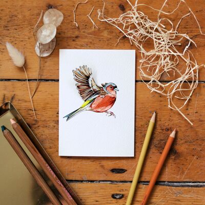 Tarjeta de felicitación de acuarela con diseño de pájaro desplegable de pinzón
