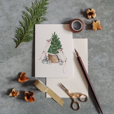 Cartolina d'auguri di Natale acquerello con topi festivi