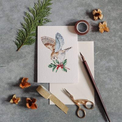 Cartolina d'auguri di Natale dell'acquerello del barbagianni